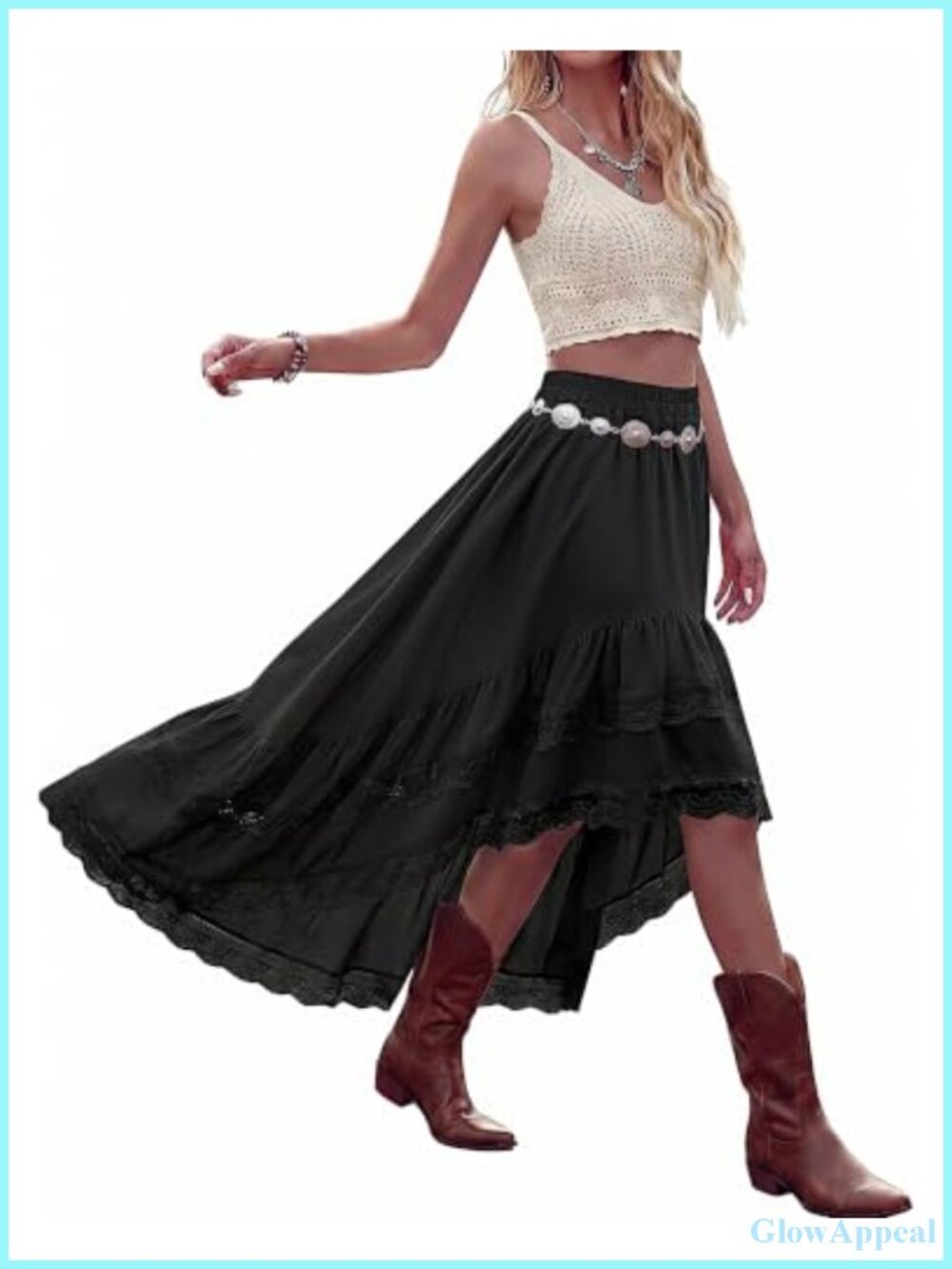 Women's High Low Lace Ruffle Skirt - Boho Asymmetrical Flowy Maxi, Elastic Waist